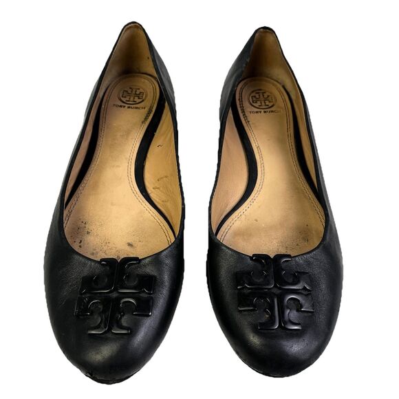 Tory Burch Lowell Ballet Flats Size 9.5 M Black Leather Logo - Picture 2 of 11